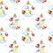 Seamless pattern with Christmas Glass Ball with red rowan Branches, winter birds couple Blue tit on white background