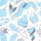 Seamless pattern with christmas hand-drawn elements. Winter concept in pastel blue and white colors. Christmas handdrawing