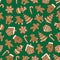 Seamless pattern of christmas homemade gingerbread cookies on green background. Christmas tree, snowflake, deer and snowman. Vecto