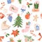 Seamless pattern with Christmas and New Year decorations, holiday gifts, ornaments and winter clothes. Flat cartoon design