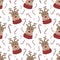 Seamless pattern for Christmas and New Year. Vector hand-drawn illustration of a merry reindeer in a scarf and sweet candies in th