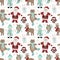 Seamless pattern for Christmas and New Year. Vector hand-drawn illustration of Santa, owls on skis, a bear on skates, a hare, a pe