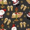 Seamless pattern with Christmas pig and Santa on winter background.