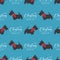 Seamless pattern with Christmas Scottish terrier in hand drawn style. Greeting text Merry Christmas and Happy New Year. Background