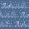 Seamless pattern with Christmas train carries Christmas tree, snowman with broom, gifts. Happy New Year 2019, Christmas card