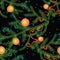 Seamless pattern of christmas tree branches with festive balls and ribbons