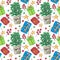 Seamless pattern of christmas tree, gifts, stars, mistletoe. Hand drawing, marker sketch. For the design of sites, posts