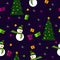Seamless pattern: Christmas tree, snowman, gifts, snowflakes on a dark background. New Year`s packaging.