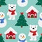 Seamless pattern Christmas tree star Santa Claus deer house snowman polar bear vector illustration.