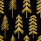 Seamless pattern Christmas trees gold silhouettes glitter vector illustration