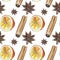 Seamless pattern of cinnamon stick and flower and orange halves.