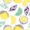 Seamless pattern of citrus. Fruit, leaf, slice, flower of orange, lime, lemon. Vector hand drawn illustration set in modern trendy