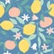 Seamless pattern with citrus fruits, flowers and leaves. Hand drawn overlapping backdrop.