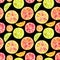 Seamless pattern of citrus slices orange, lemon, tangerine, lime on a black background