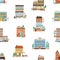 Seamless pattern with city commercial buildings in european style. Repeatable backdrop with shops, bakery and cafe. Flat