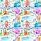 Seamless pattern with city,road,park and lake.Colorful house.