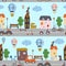 Seamless pattern with city streets dogs and transport - vector illustration, eps
