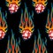 Seamless pattern with classic tribal hotrod muscle car flames and dice graphic isolated on black background.