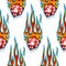 Seamless pattern with classic tribal hotrod muscle car flames and dice graphic isolated on white background.