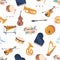 Seamless Pattern with Classical Musical Instruments. Tambourine, Grand Piano, Xylophone And French Horn. Drum, Cello