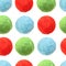 Seamless pattern. Clew of woolen thread isolated. Color ball of woolen. Red, green and blue knit. Knitting