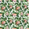 Seamless pattern of Clivia and Orchid flowers and green tropical leaves