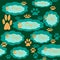 Seamless pattern of clouds with a cat`s head pattern and traces of cat`s paws.