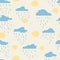 Seamless pattern, clouds, rain and sun created of rounded lines. Rainy, sunny day