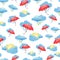 Seamless pattern with clouds, rain and umbrella . Wallpaper for children room. Weather background