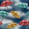 Seamless pattern with cloudy and rainy sky. Multicolored umbrellas. Blue, red and yellow. Weather. climate