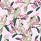 Seamless pattern with cockatoo, tropical leaves and flowers. Vector.