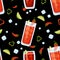 Seamless pattern with cocktails. Mexican Vampiro and Cherry limeade drinks in glass on black background with ice cubes
