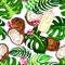Seamless pattern with coconut milk and exotic leaves