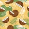 Seamless pattern with coconut, palm leaves and abstract elements. Half coconut. Summer and paradise background.