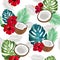 Seamless pattern coconut piece and palm leaves with red hibiscus