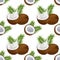 Seamless pattern, coconuts, coconut halves with milk splash and palm leaves. Tropical background, print, textile, wallpaper