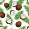 Seamless pattern with coconuts and palm leaves. Vector illustration.