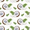 Seamless pattern, coconuts, twigs, coconut halves and pieces on a white background. Tropical background, print, textile, wallpaper