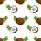 Seamless pattern, coconuts, twigs, coconut halves and pieces on a white background. Tropical background, print, textile, wallpaper