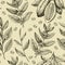 Seamless pattern with coffee beans, cacao pods and tea branches. Black and white illustration in retro engraving style