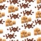 Seamless pattern coffee beans and cane sugar on a white background. Roast coffee beans and brown sugar. Texture