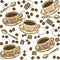 Seamless pattern with coffee beans and cups. Vector