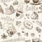 Seamless pattern with coffee cakes pies and latte