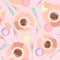 Seamless pattern with coffee, macarons, and flowers. Morning background. Vector