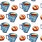 Seamless pattern with coffee mug and donut