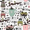 Seamless pattern with coffee objects. Hand drawn coffee texture. Perfect for kitchen textile, coffee packaging, etc.