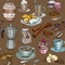 Seamless pattern with coffee party Collection, cakes and sweets icons. Hand drawn .