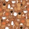 Seamless pattern with coffee, pastries, coffee grinders, bouquets, autumn leaves. Vector graphics