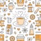 Seamless pattern of coffee, vector background. Cute beverages, hot drinks flat line icons - coffeemaker machine, beans