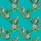 Seamless pattern. Colibri and flowers on blue background. Hand d